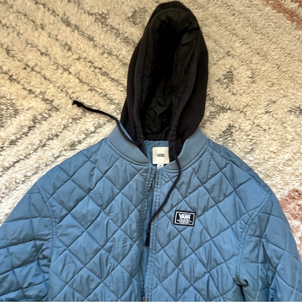Vans Diamond Quilted Smoke Blue Bomber Jacket with Black Hood - Picture 3 of 7